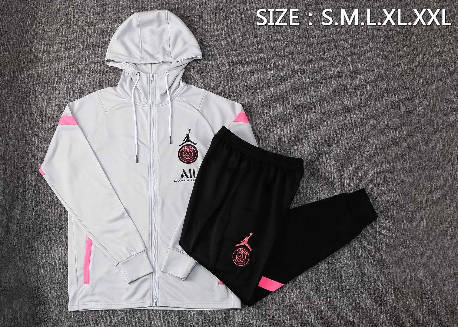 21/22 PSG x Jordan Hoodie Grey Soccer Training Suit (Jacket + Pants) Men's 